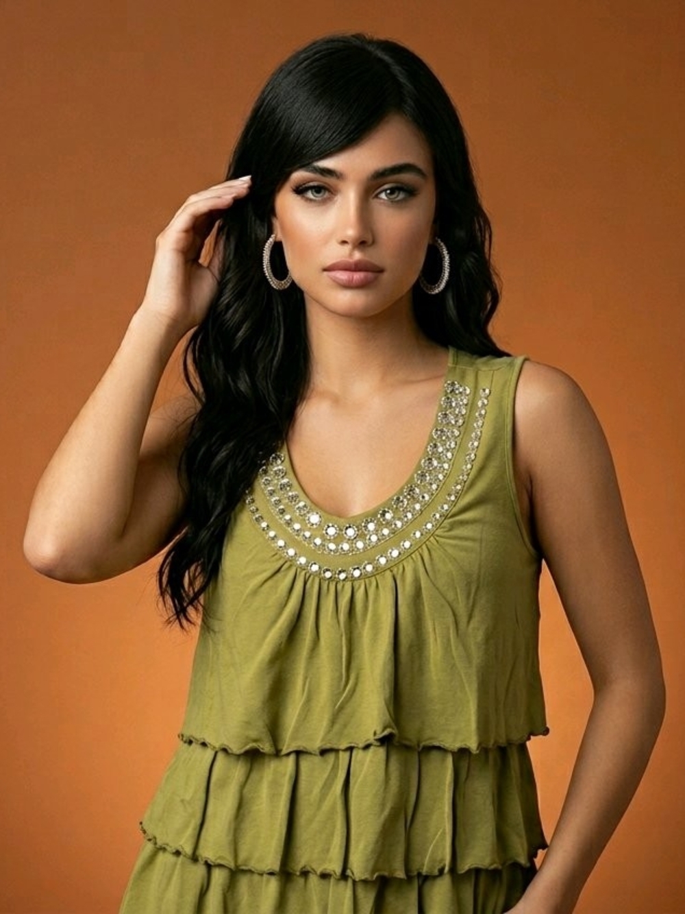 Designers Original Avacado Green Tiered Ruffle Top with Rhinestone Neckline Sz L